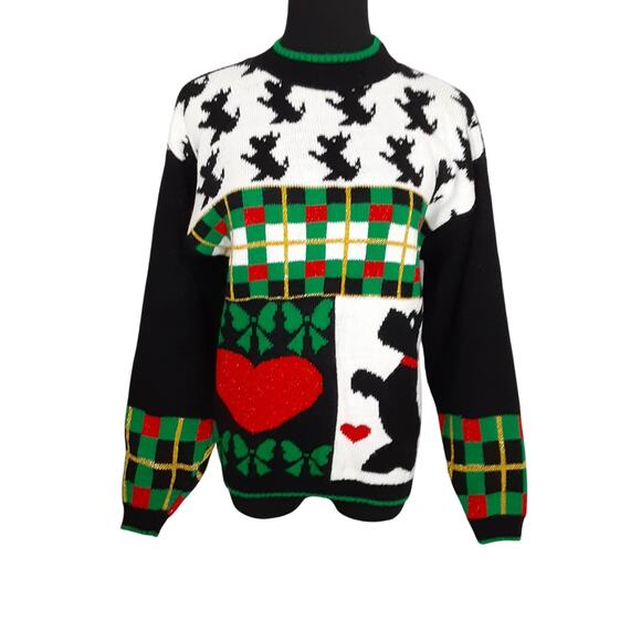 Vintage 80s Scottie Dog Christmas Sweater Tartan Plaid Black Retro Grandmacore - Picture 6 of 10